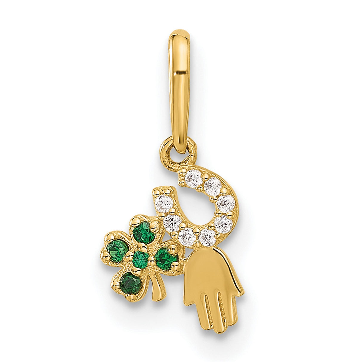 10k Yellow Gold Pendant with Hamsa Hand, Four-Leaf Clover, Horseshoe and Green Stones