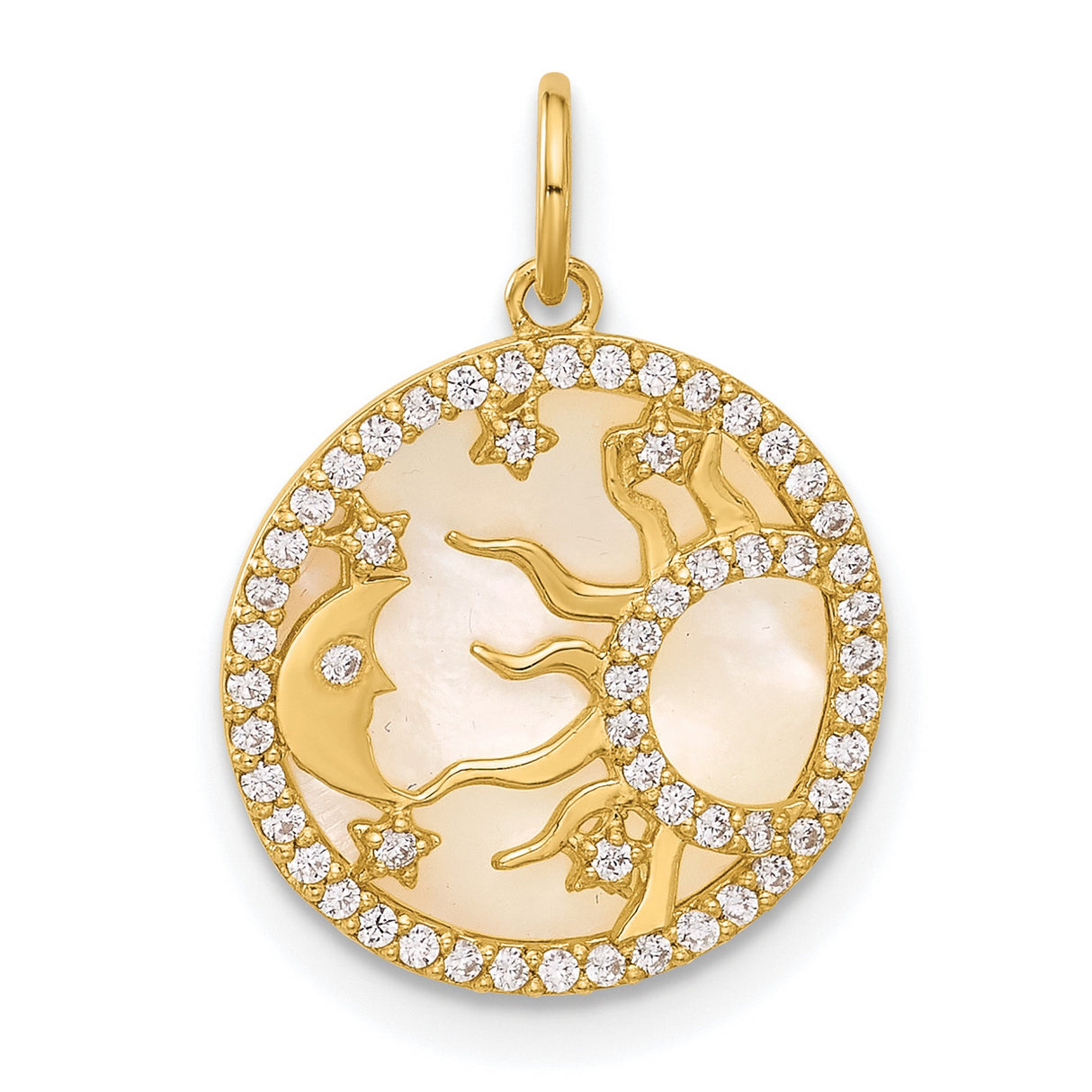 10k Yellow Gold Sun and Moon Pendant with Cubic Zirconia, Celestial Charm for Women
