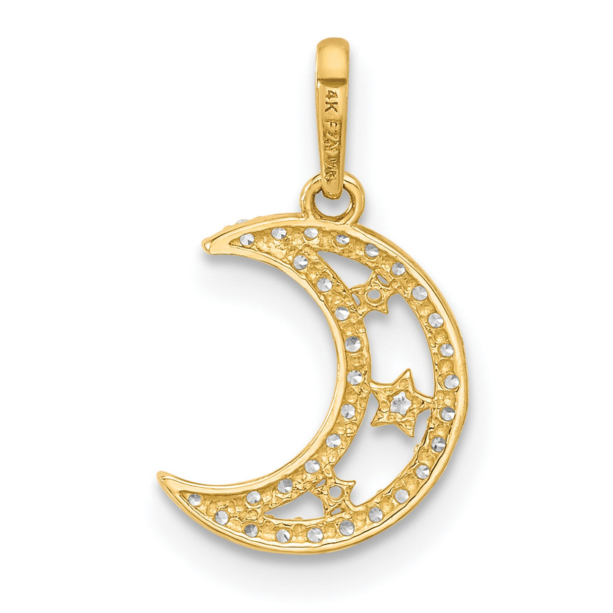 10k Yellow Gold Crescent Moon Pendant with White Stones and Star Accents, Celestial Jewelry for Women