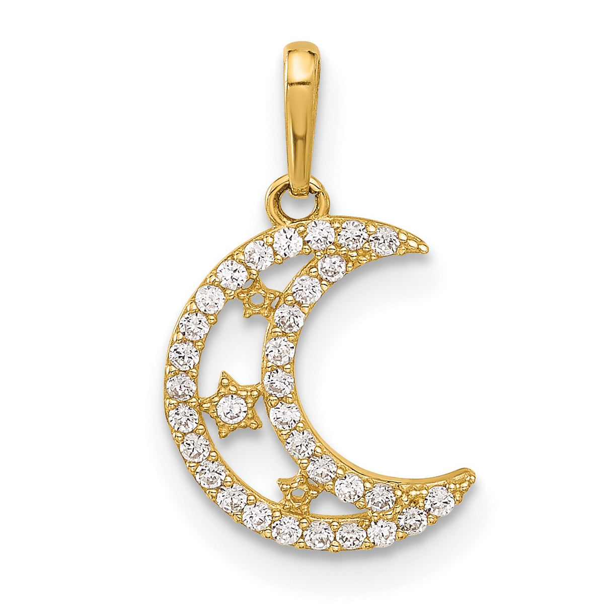 10k Yellow Gold Crescent Moon Pendant with White Stones and Star Accents, Celestial Jewelry for Women
