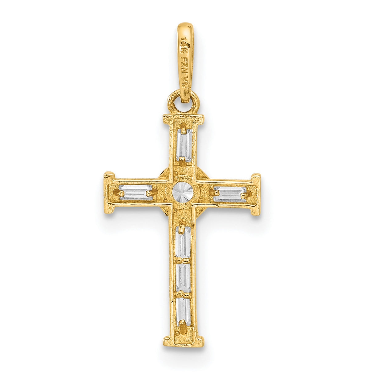 10k Yellow Gold Cross Pendant with Cubic Zirconia Baguette Stones, Modern Polished Faith Design