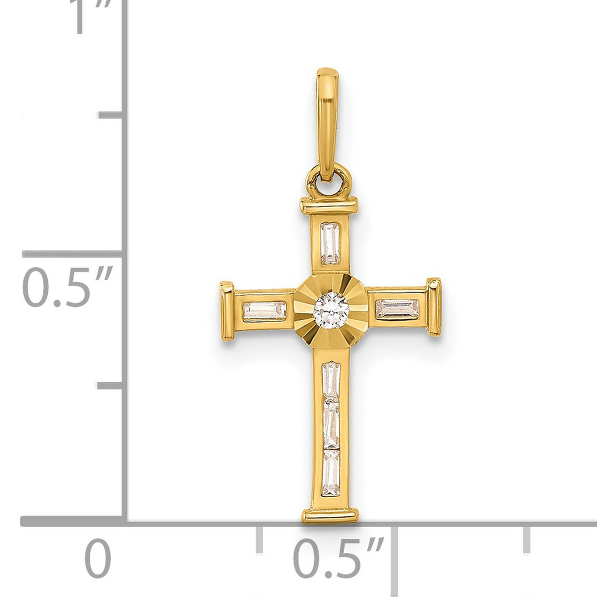 10k Yellow Gold Cross Pendant with Cubic Zirconia Baguette Stones, Modern Polished Faith Design