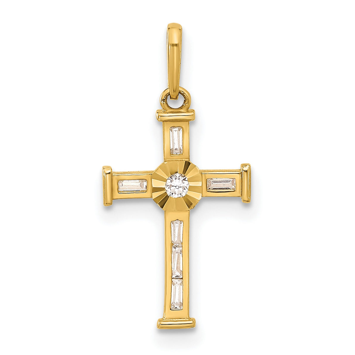 10k Yellow Gold Cross Pendant with Cubic Zirconia Baguette Stones, Modern Polished Faith Design