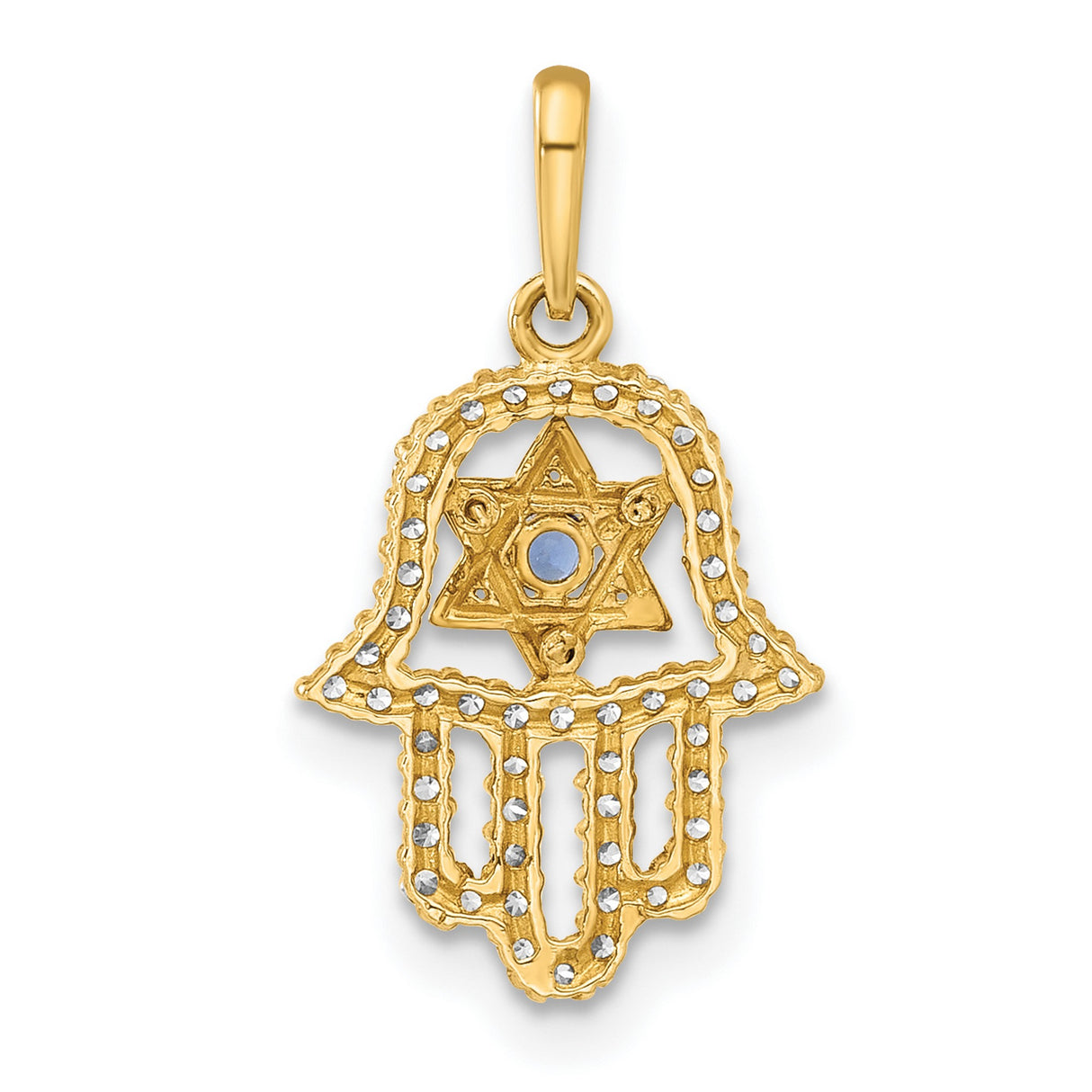 10k Yellow Gold Hamsa Hand Pendant with Star of David, Blue Gemstone, Cubic Zirconia