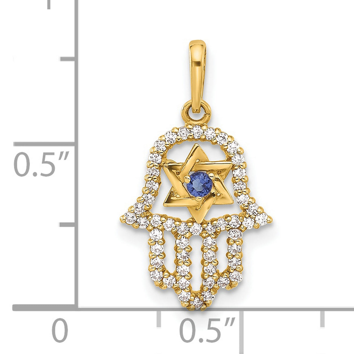 10k Yellow Gold Hamsa Hand Pendant with Star of David, Blue Gemstone, Cubic Zirconia