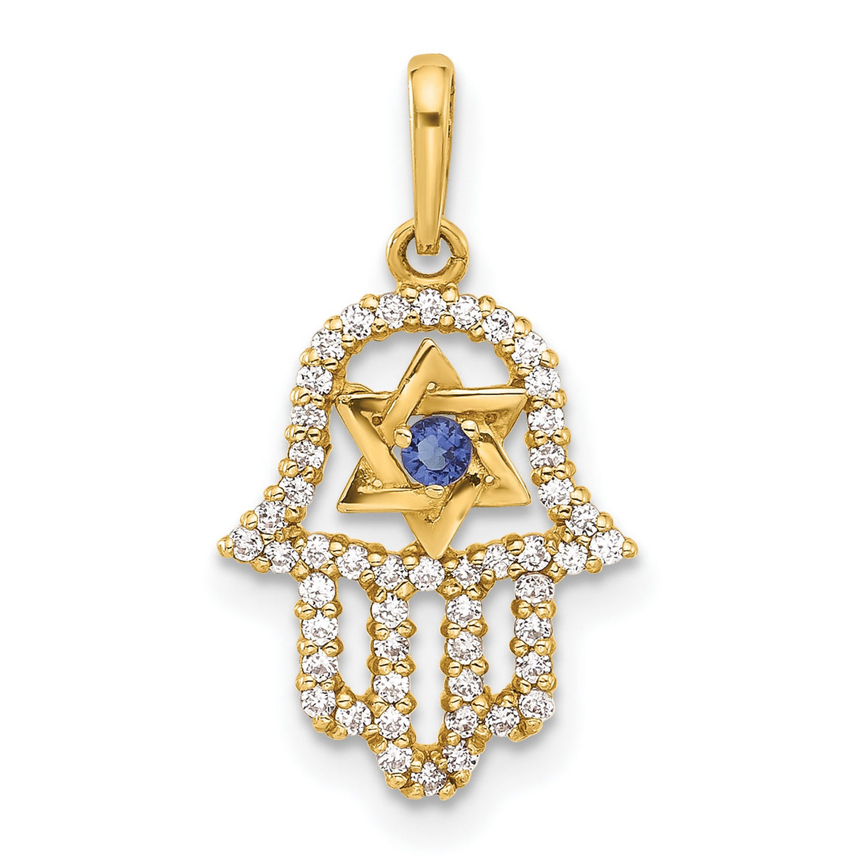 10k Yellow Gold Hamsa Hand Pendant with Star of David, Blue Gemstone, Cubic Zirconia