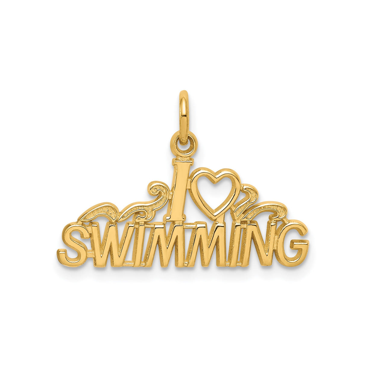 10k Yellow Gold Pendant Charm, I Love Swimming with Wave Design, Unisex Sports Jewelry