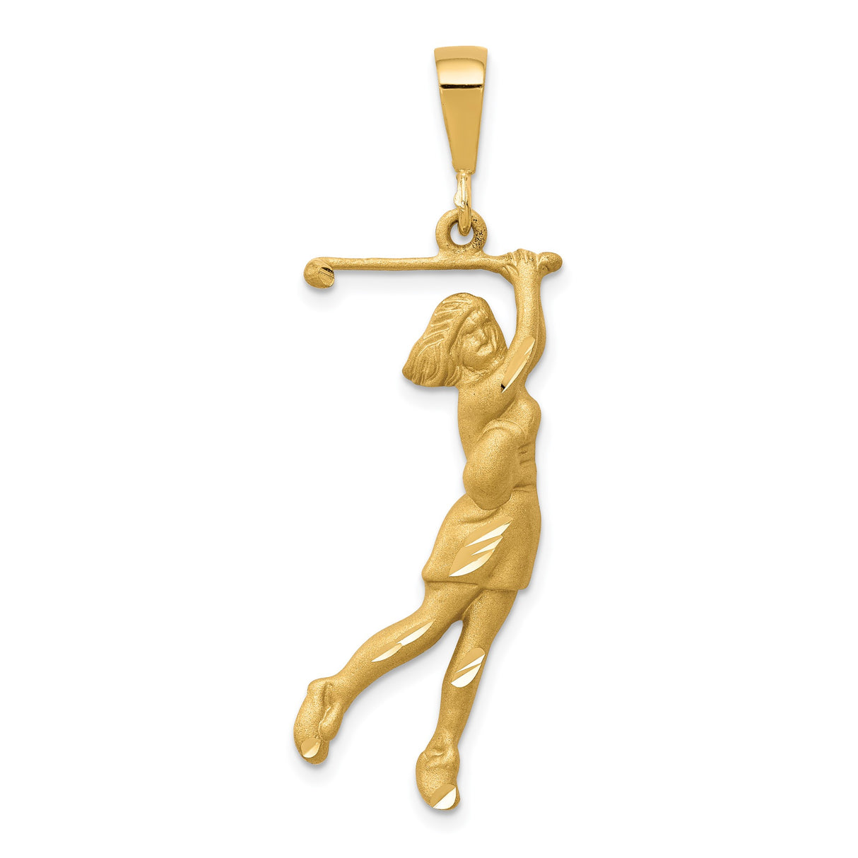 10k Yellow Gold Pendant, Female Golfer in Mid-Swing, Sports Charm for Women Golfers