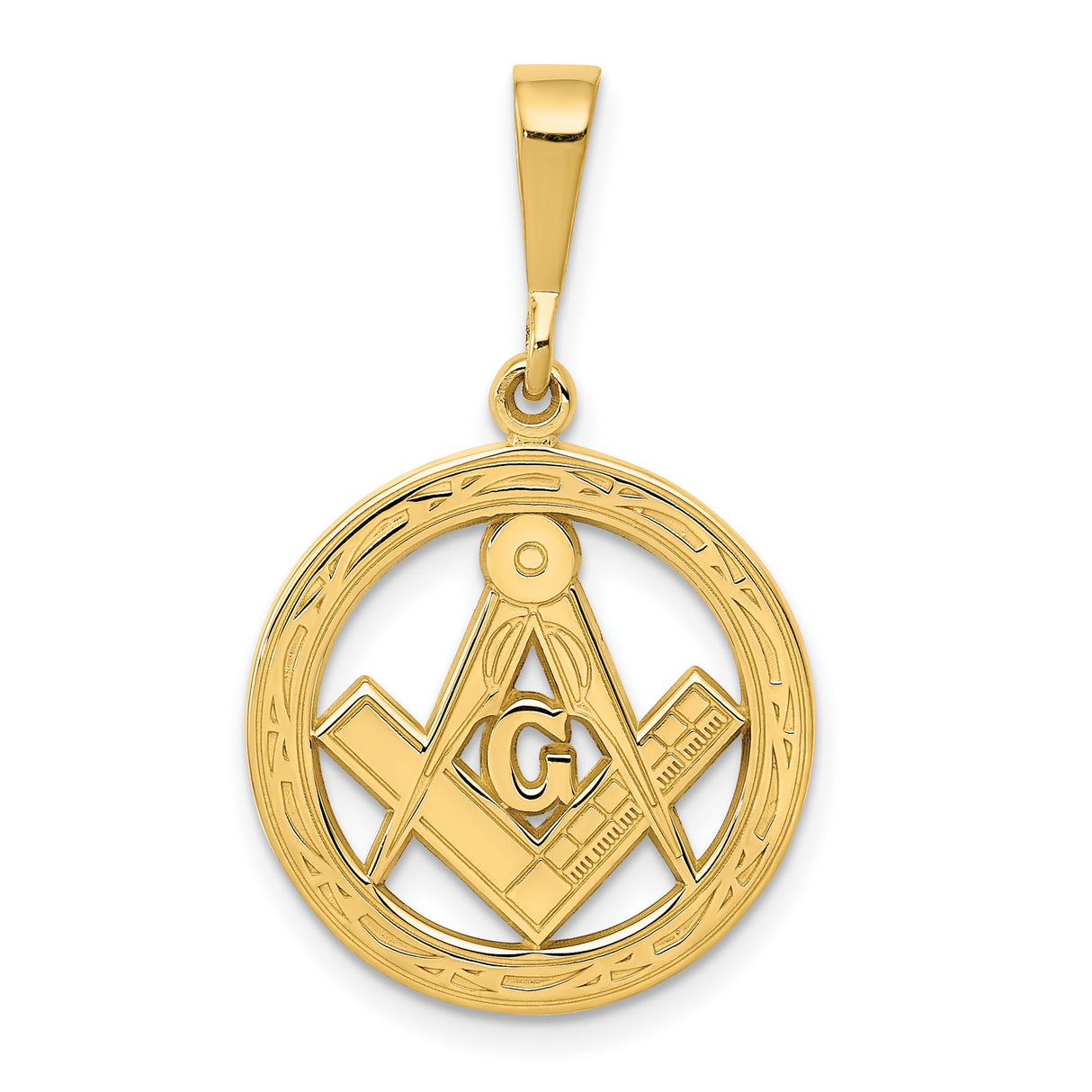 10k Yellow Gold Masonic Pendant with Square Compass and G Symbol, Polished Textured Finish