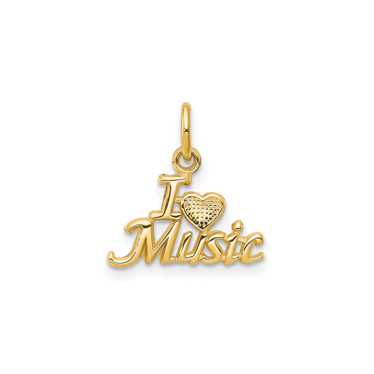 10k Yellow Gold Pendant Charm, I Love Music Design with Textured Heart and Scripted Lettering
