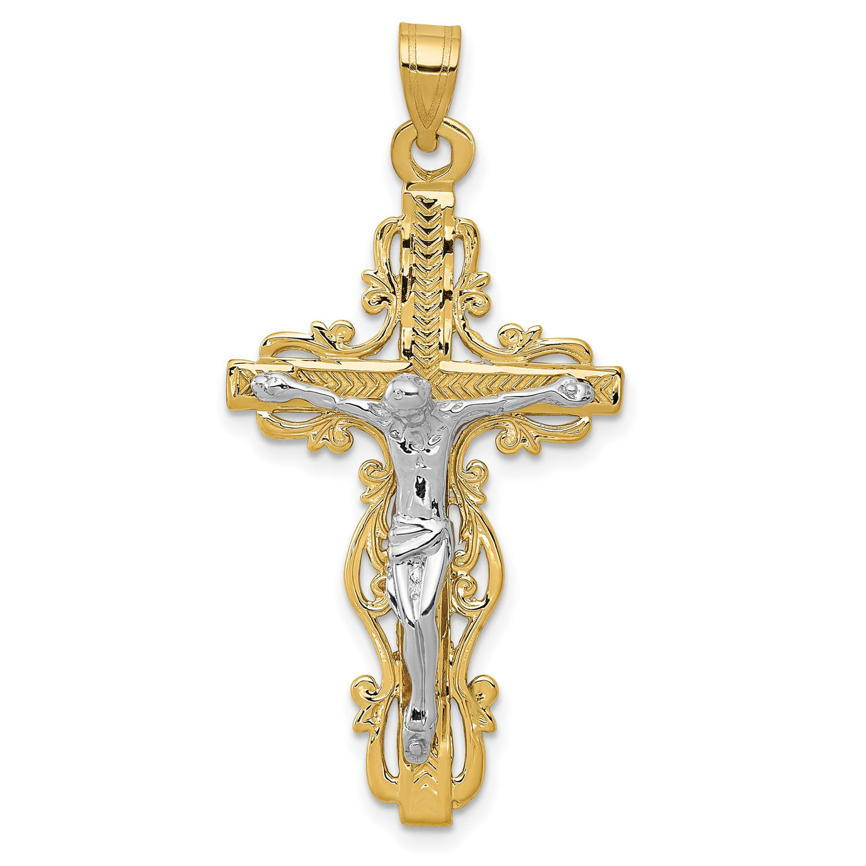 10k Two-Tone Gold Crucifix Pendant, Baroque Ornate Cross Charm, Vintage Religious Style