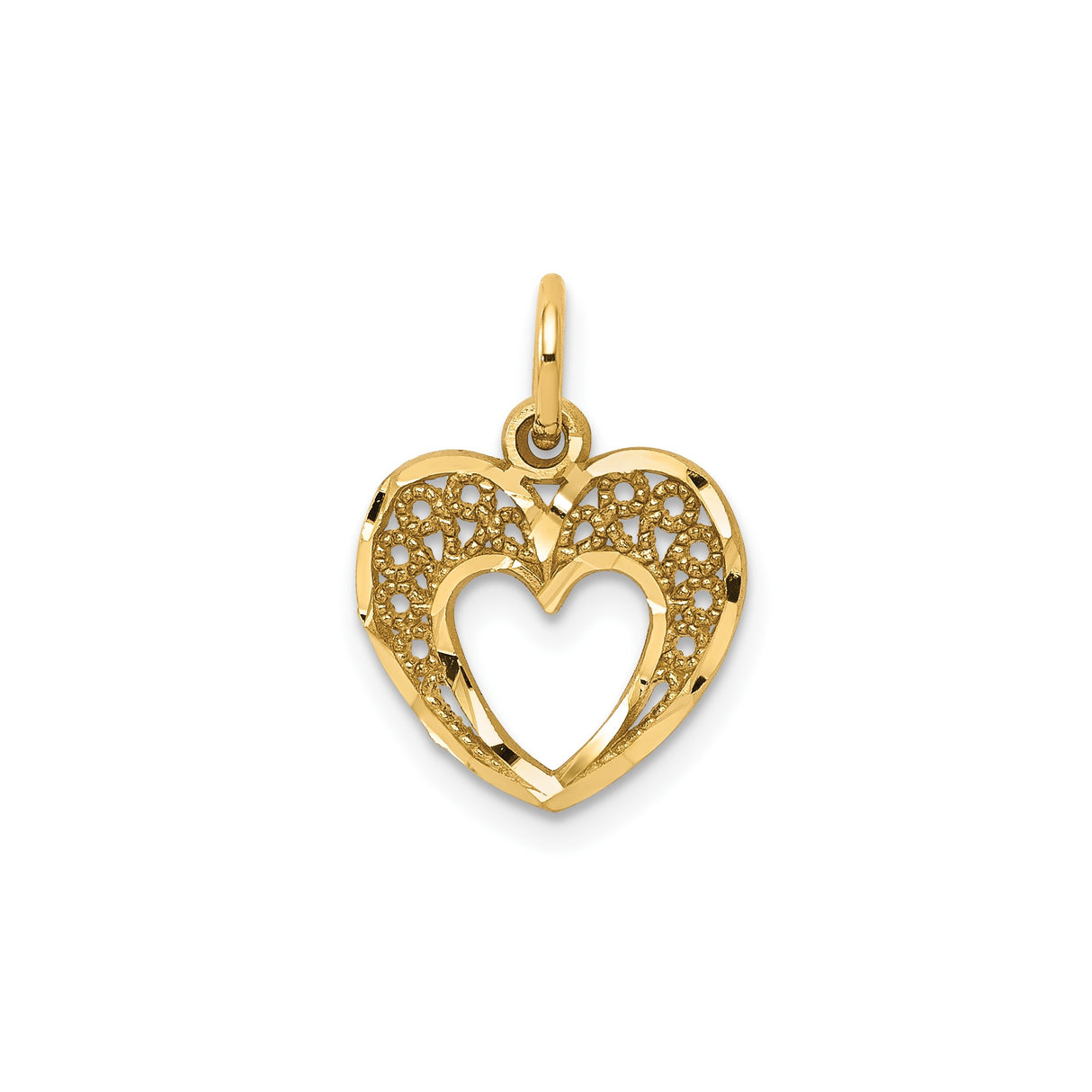 10k Yellow Gold Heart Pendant with Filigree Lace Design and Textured Finish