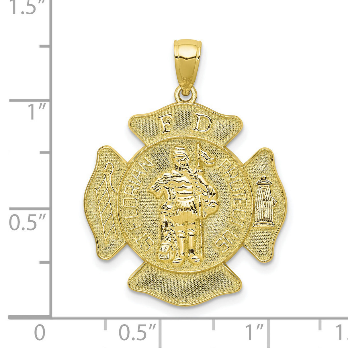 Saint Florian Protect Us Words On Firefighter Badge Charm Pendant in Real 10k Yellow Gold