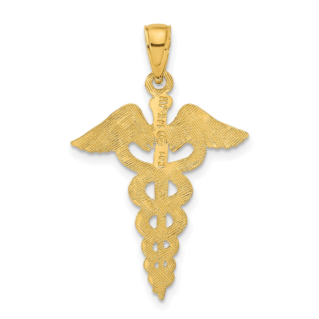 10k Yellow Gold Caduceus Pendant with Double Snakes and Wings, Medical Staff Symbol Charm