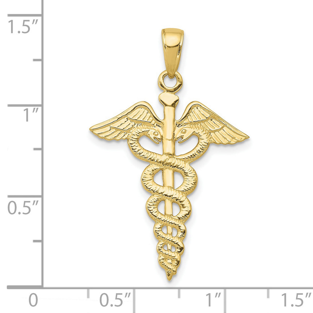 10k Yellow Gold Caduceus Pendant with Double Snakes and Wings, Medical Staff Symbol Charm