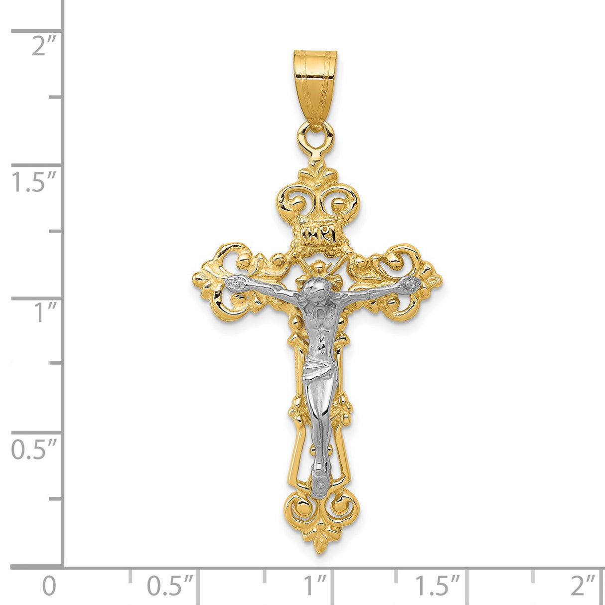 10k Multi-Tone Gold INRI Crucifix Cross Pendant with Fleur de Lis Filigree Detailing