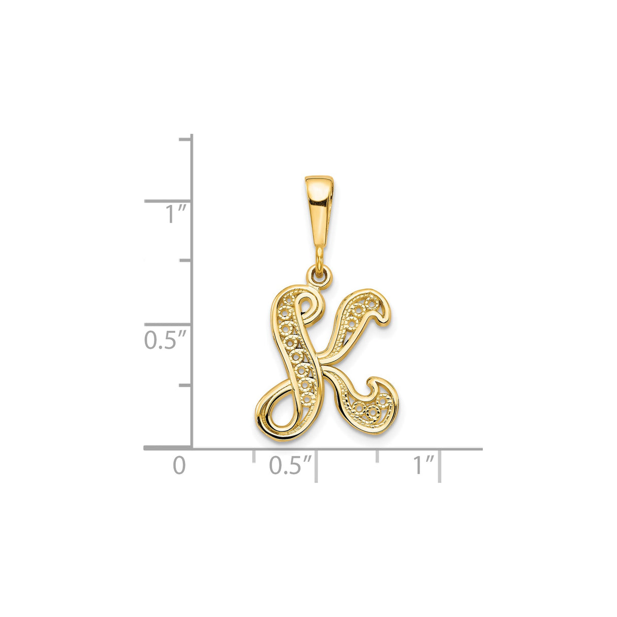 10k Yellow Gold Letter K Pendant, Script Initial Charm with Filigree Detailing, Polished Finish