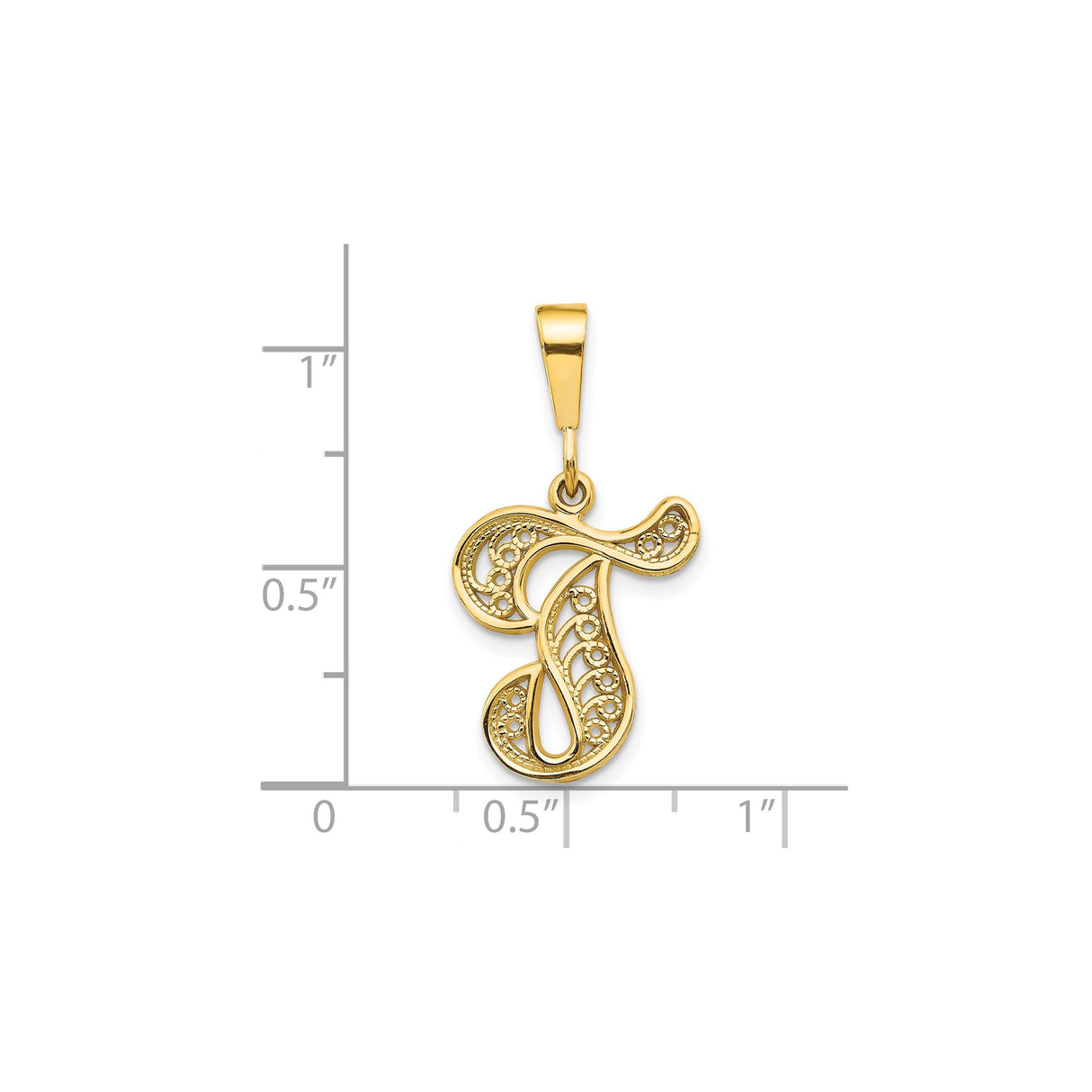 10k Yellow Gold Letter T Pendant with Filigree Scrollwork and Dotted Accents