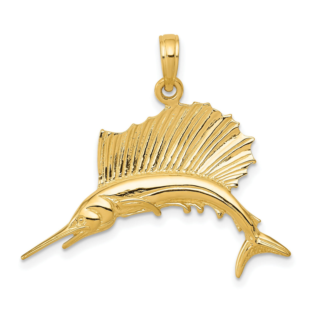 10k Yellow Gold Sailfish Pendant, Detailed Billfish Nautical Design for Men or Unisex