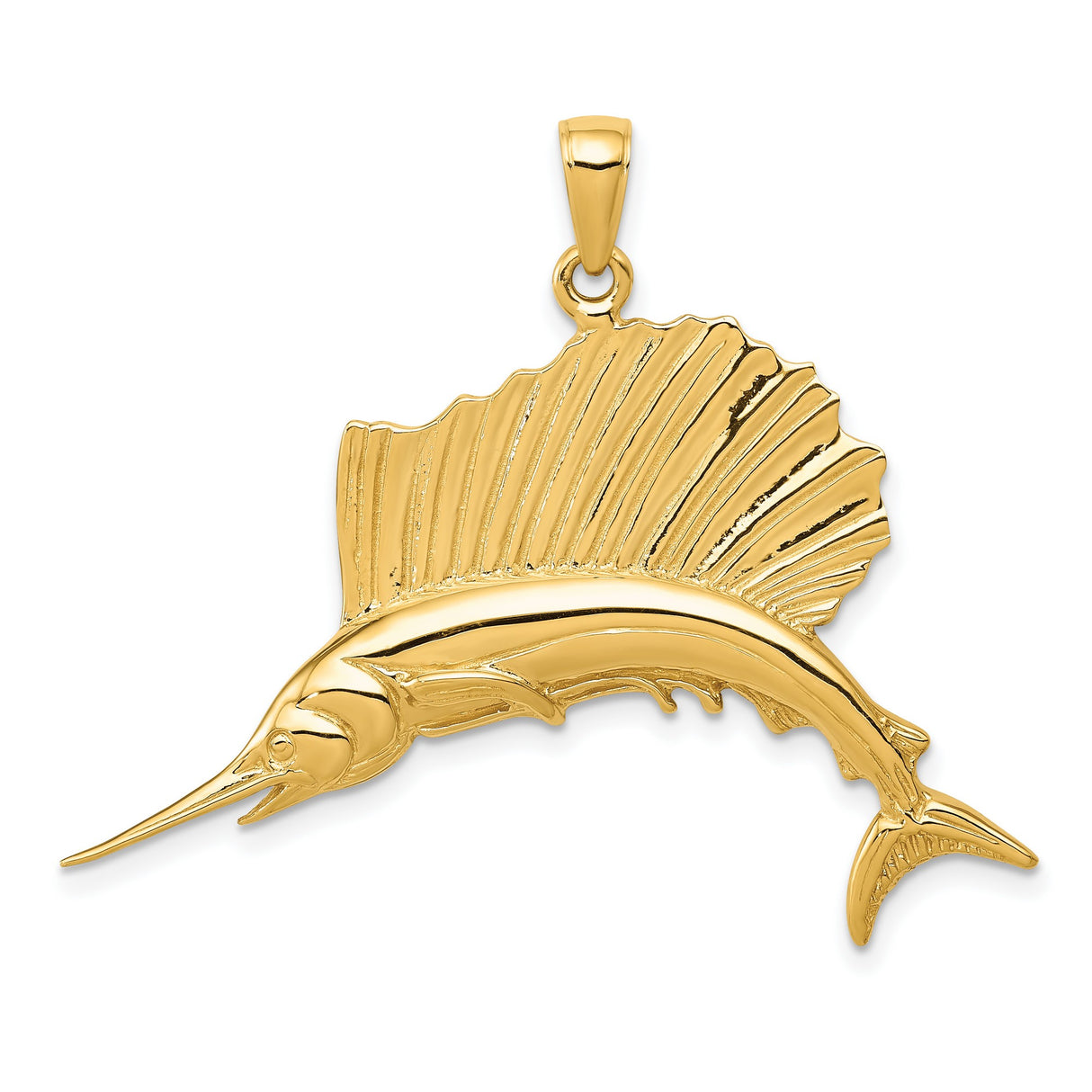 10k Yellow Gold Sailfish Pendant, Realistic Marlin Ocean Design, Nautical Marine Life Charm