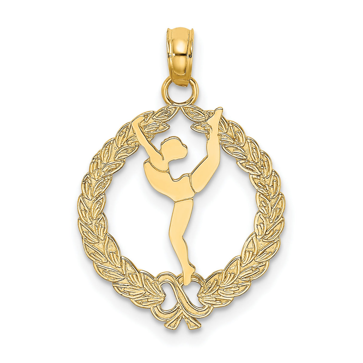 10k Yellow Gold Gymnast Pendant with Laurel Wreath Frame, Arabesque Pose Charm