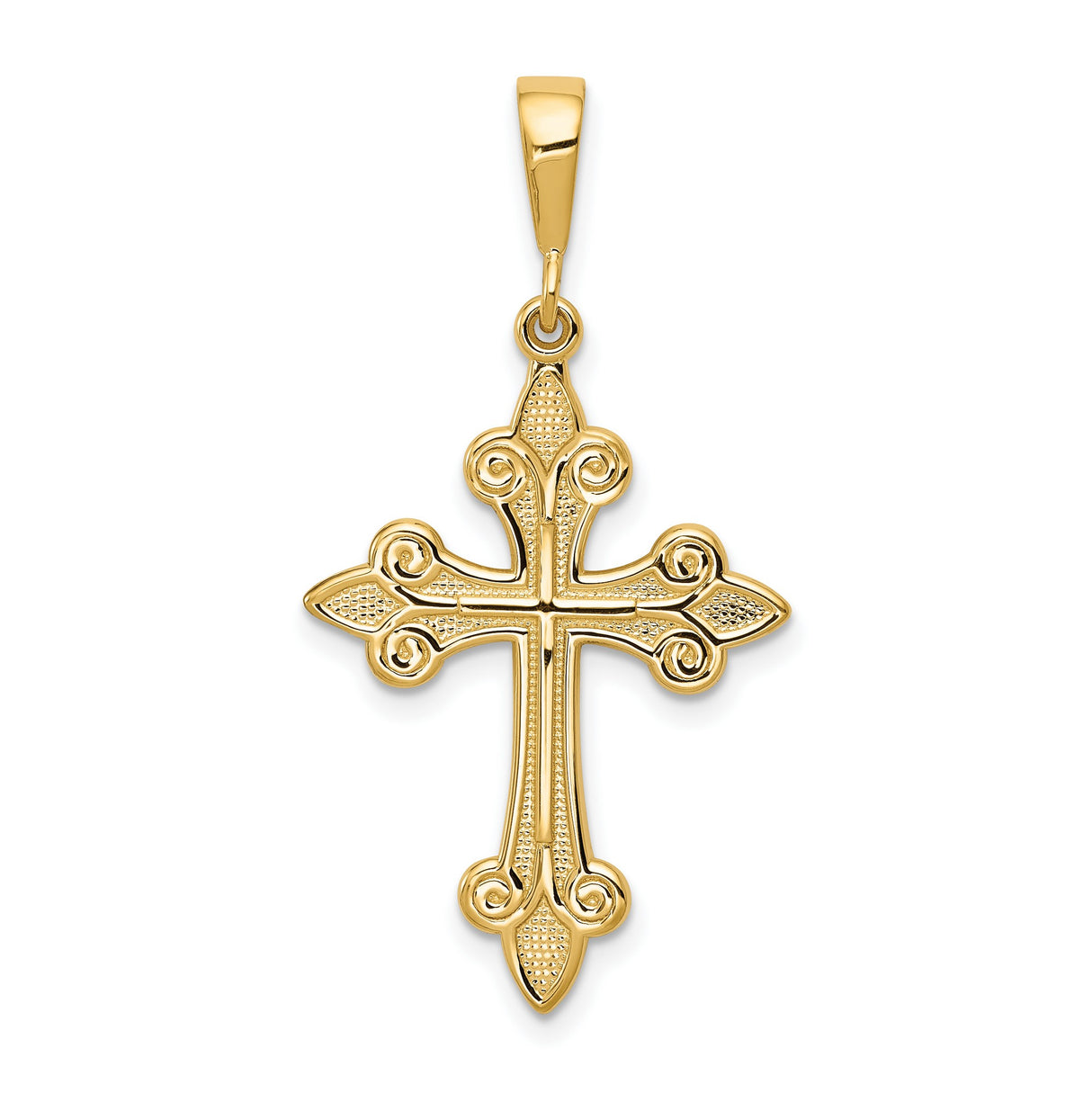 10k Yellow Gold Cross Pendant with Fleur de Lis, Baroque Style Religious Jewelry