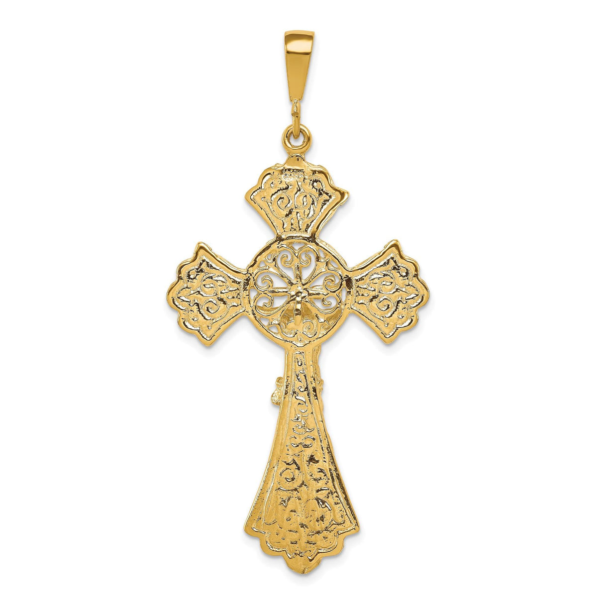 10k Yellow Gold Crucifix Pendant with Detailed Jesus Cross, Filigree Accents, Flared Edge