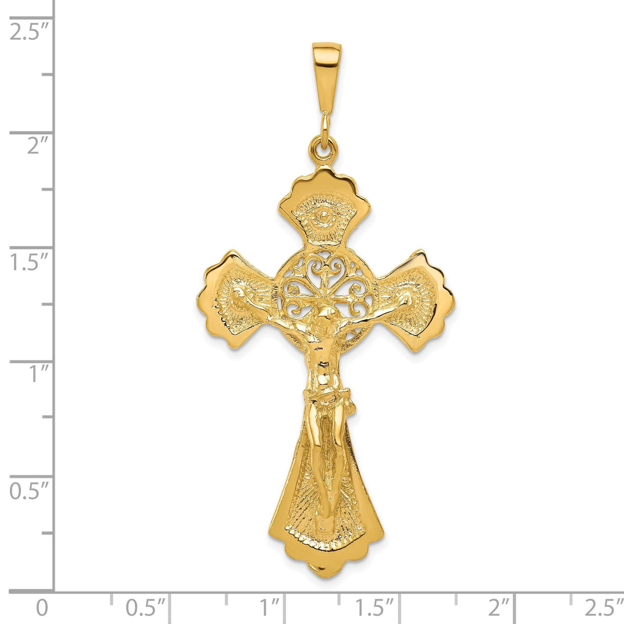 10k Yellow Gold Crucifix Pendant with Detailed Jesus Cross, Filigree Accents, Flared Edge