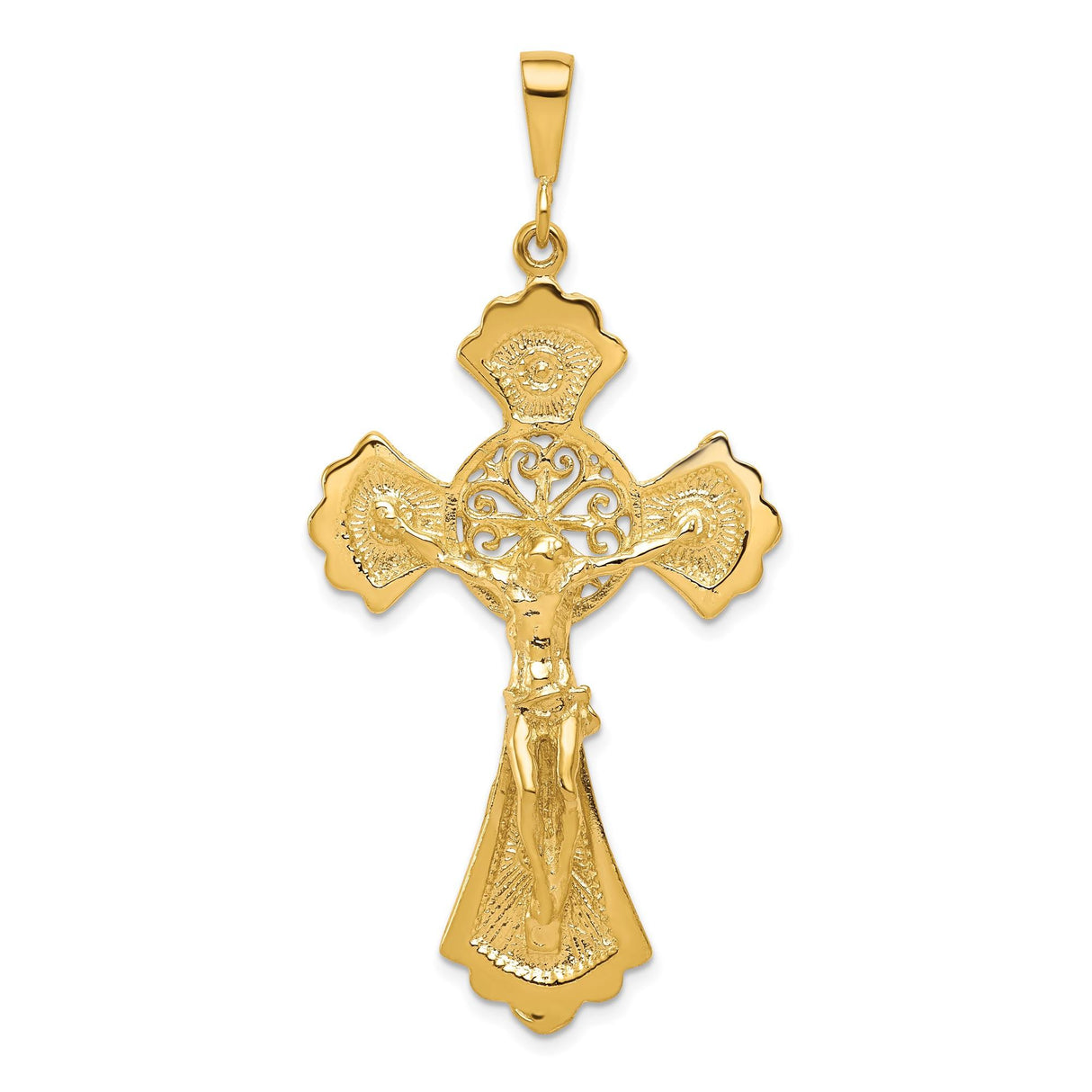 10k Yellow Gold Crucifix Pendant with Detailed Jesus Cross, Filigree Accents, Flared Edge