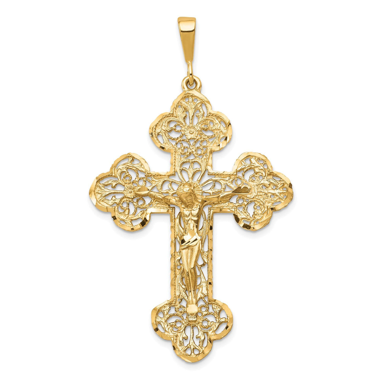 10k Yellow Gold Crucifix Pendant with Filigree Design and Jesus Figure