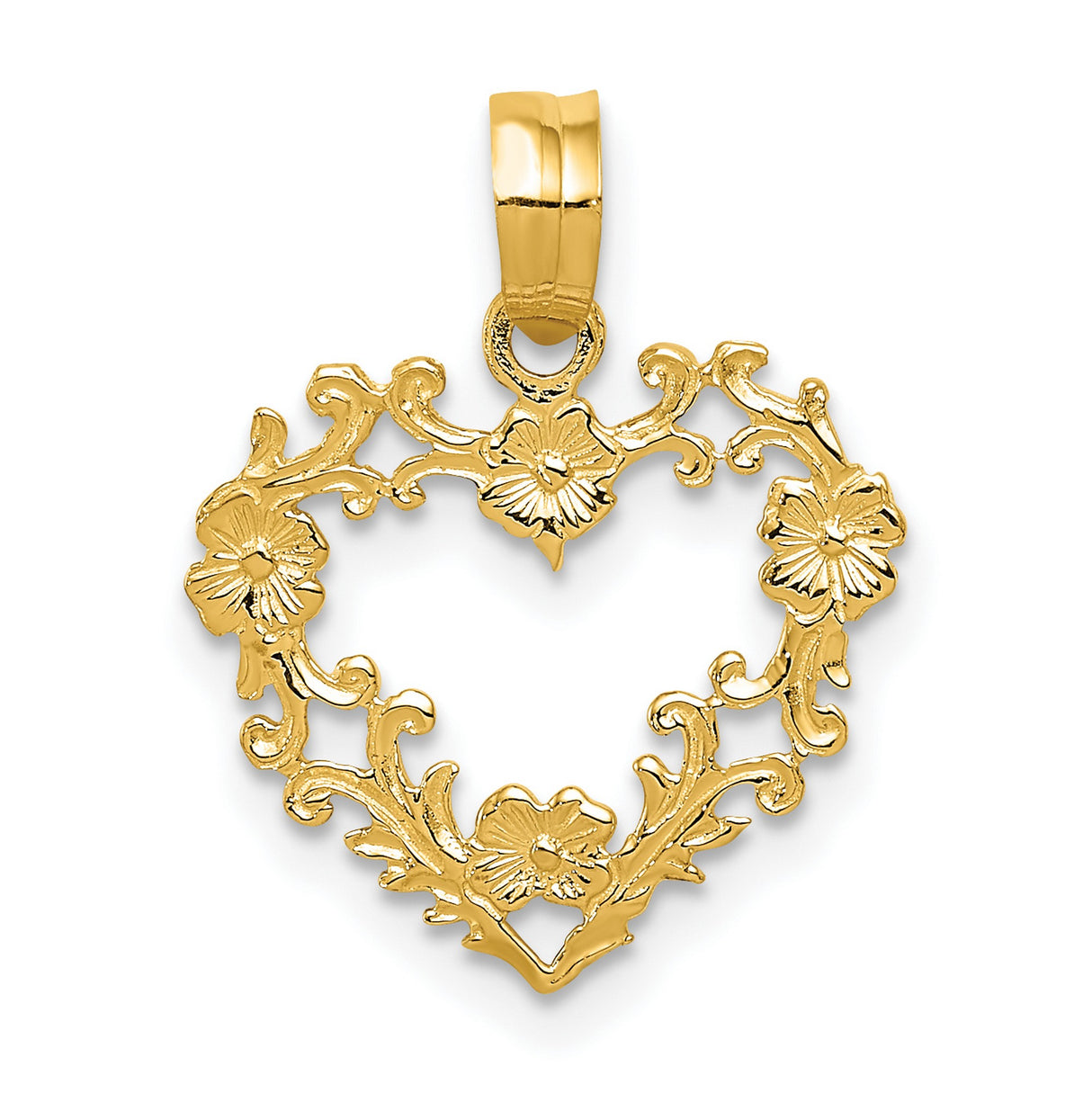 10k Yellow Gold Heart Pendant with Floral and Vine Detailing, Vintage-Inspired Design for Women