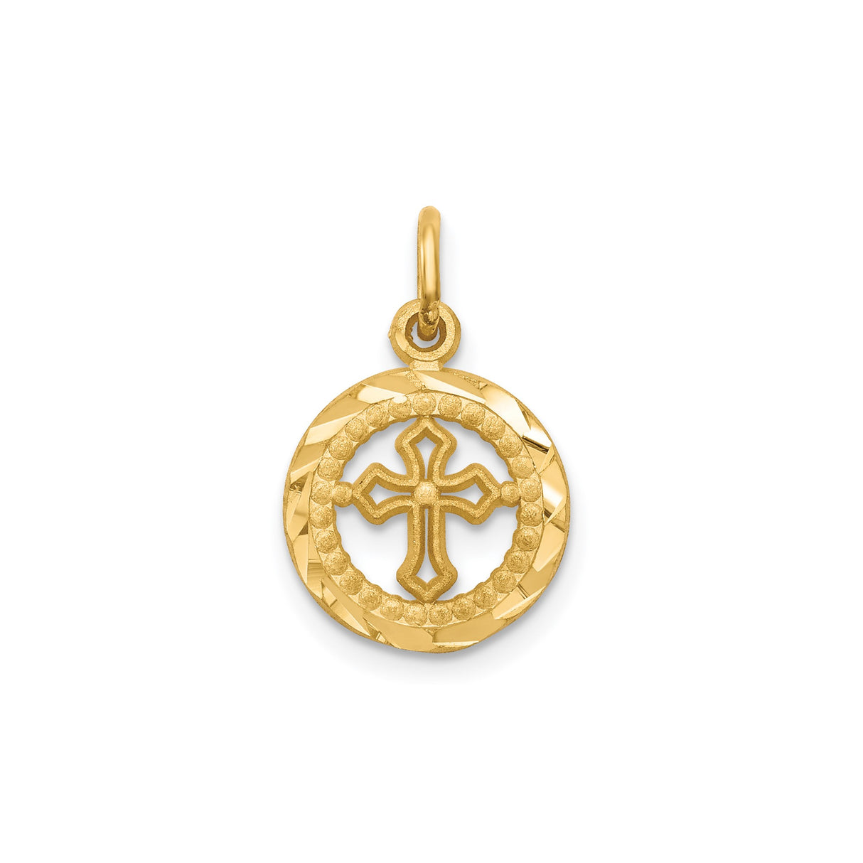 10k Yellow Gold Pendant with Textured Circular Frame and Detailed Cross Design