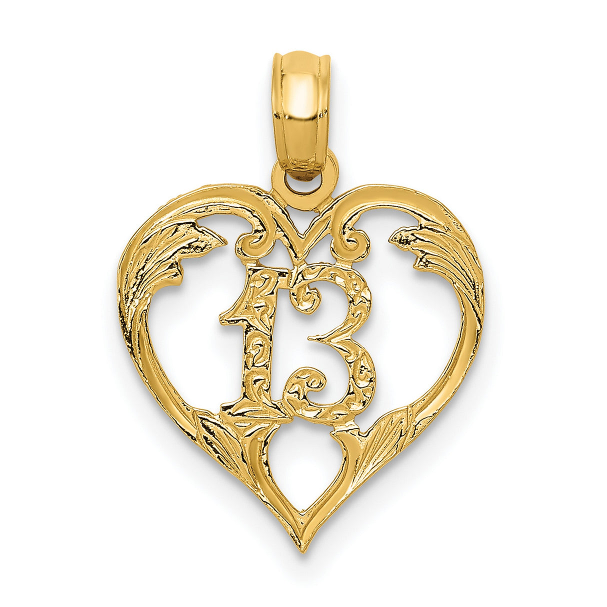 10k Yellow Gold Heart Pendant with Floral Detailing and Number 13 Charm