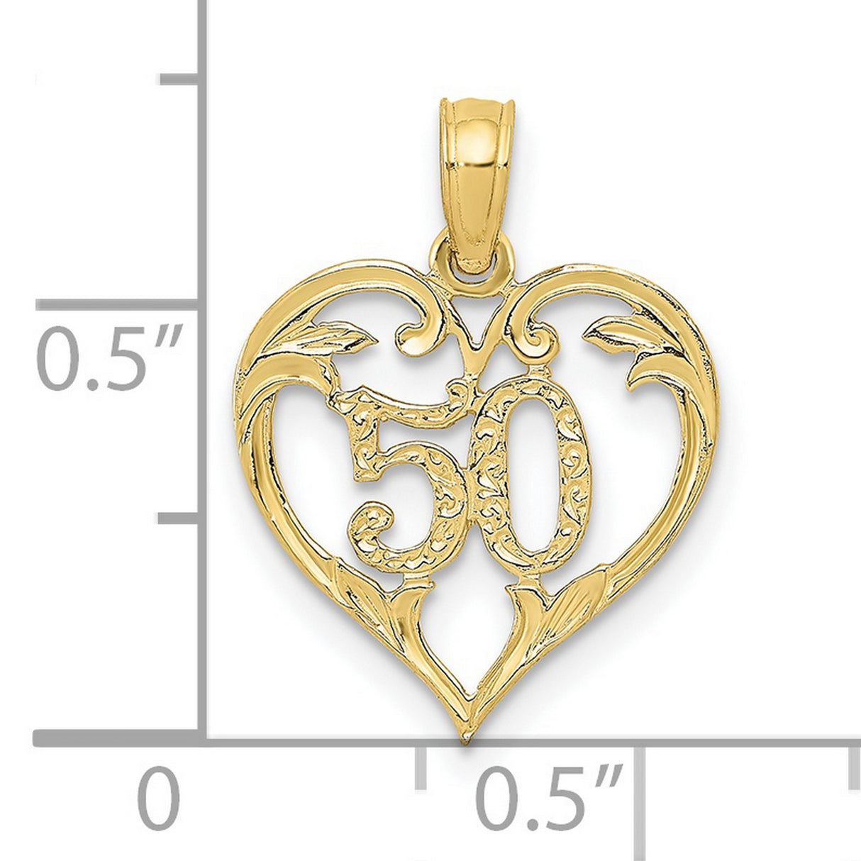 10k Yellow Gold Heart Pendant with Ornate 50 Design, Filigree Anniversary Charm for Women