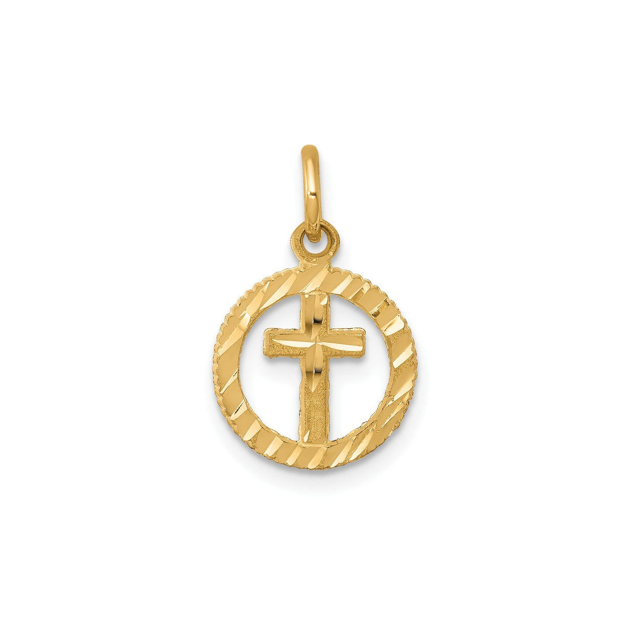 10k Yellow Gold Pendant with Polished Cross in Textured Circle, Scallop Edge Frame
