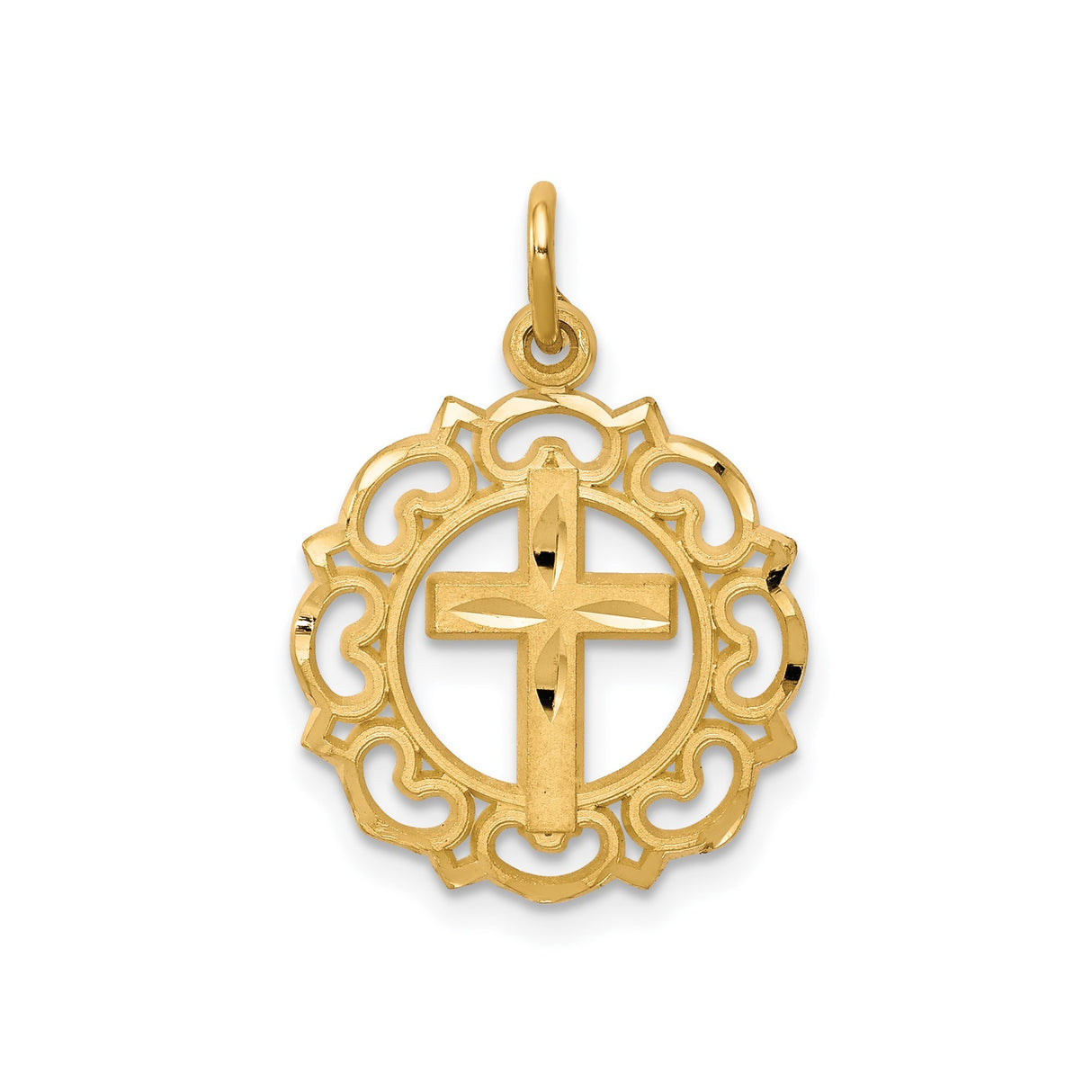 10k Yellow Gold Cross Pendant with Filigree Detailing and Beveled Edges