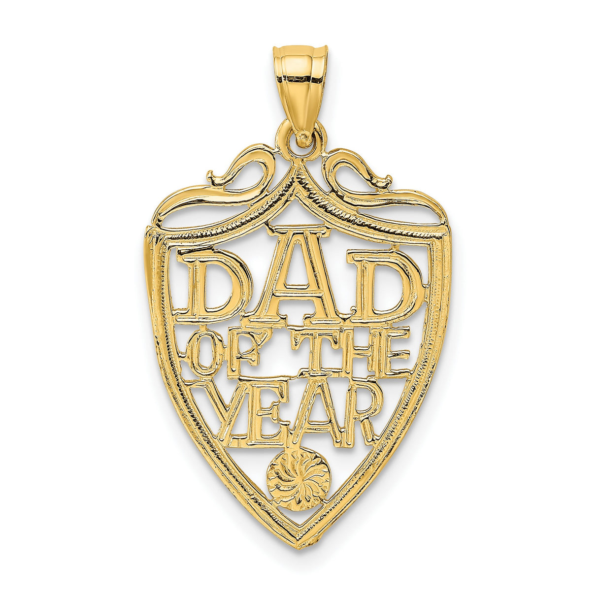 10k Yellow Gold Dad of the Year Pendant with Openwork Shield and Scroll Accents