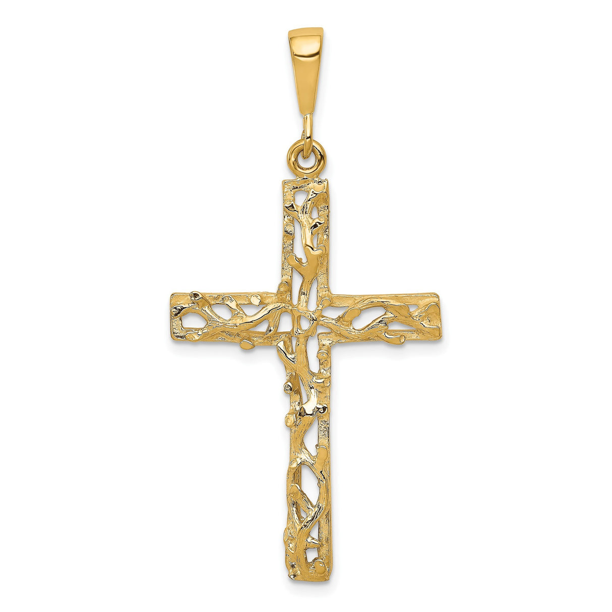 10k Yellow Gold Cross Pendant with Rustic Textured Satin Finish, Openwork Design, Faith Symbol
