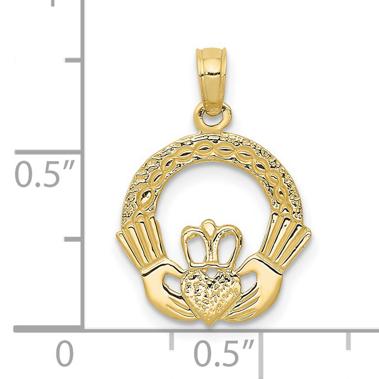 10k Yellow Gold Claddagh Pendant with Crowned Heart and Hands in Textured Circle Frame