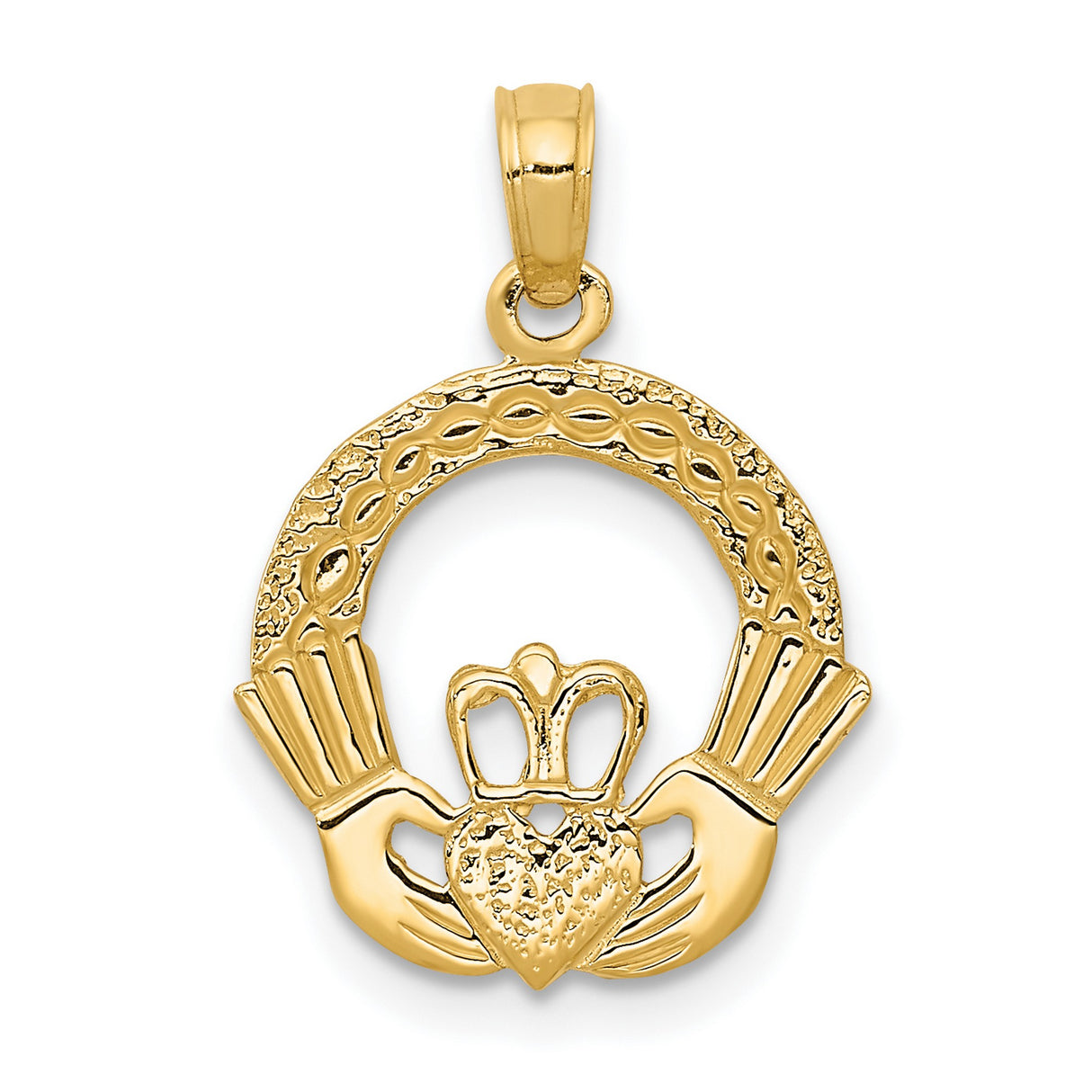 10k Yellow Gold Claddagh Pendant with Crowned Heart and Hands in Textured Circle Frame