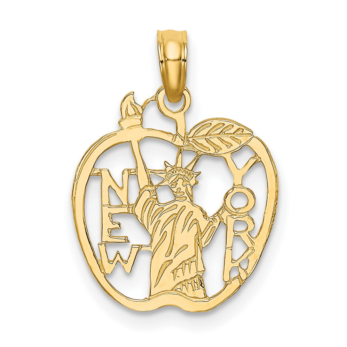 10k Yellow Gold Pendant with Big Apple and Statue of Liberty Cutout, NYC Themed Charm