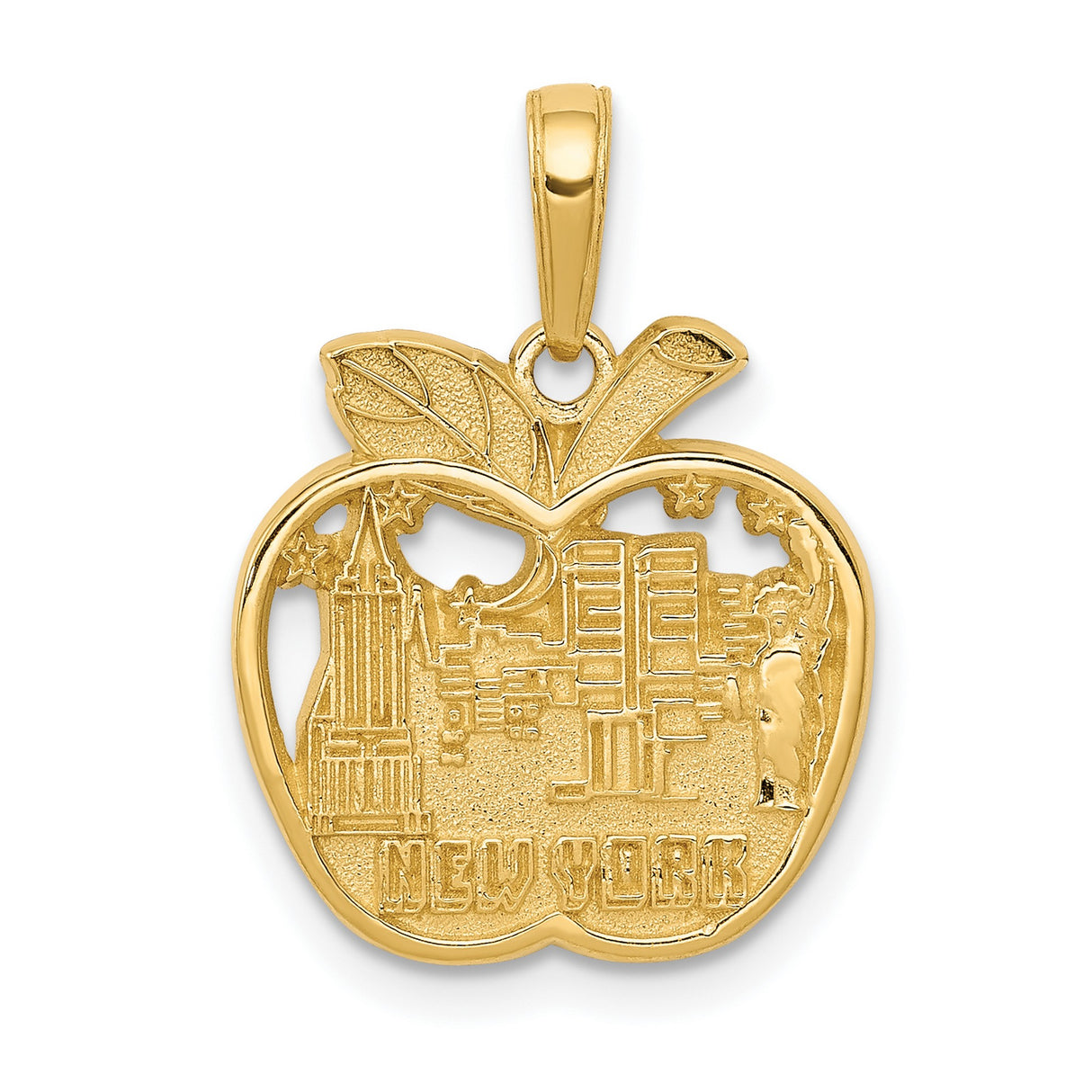 10k Yellow Gold Apple Pendant with New York Skyline and Statue of Liberty Theme