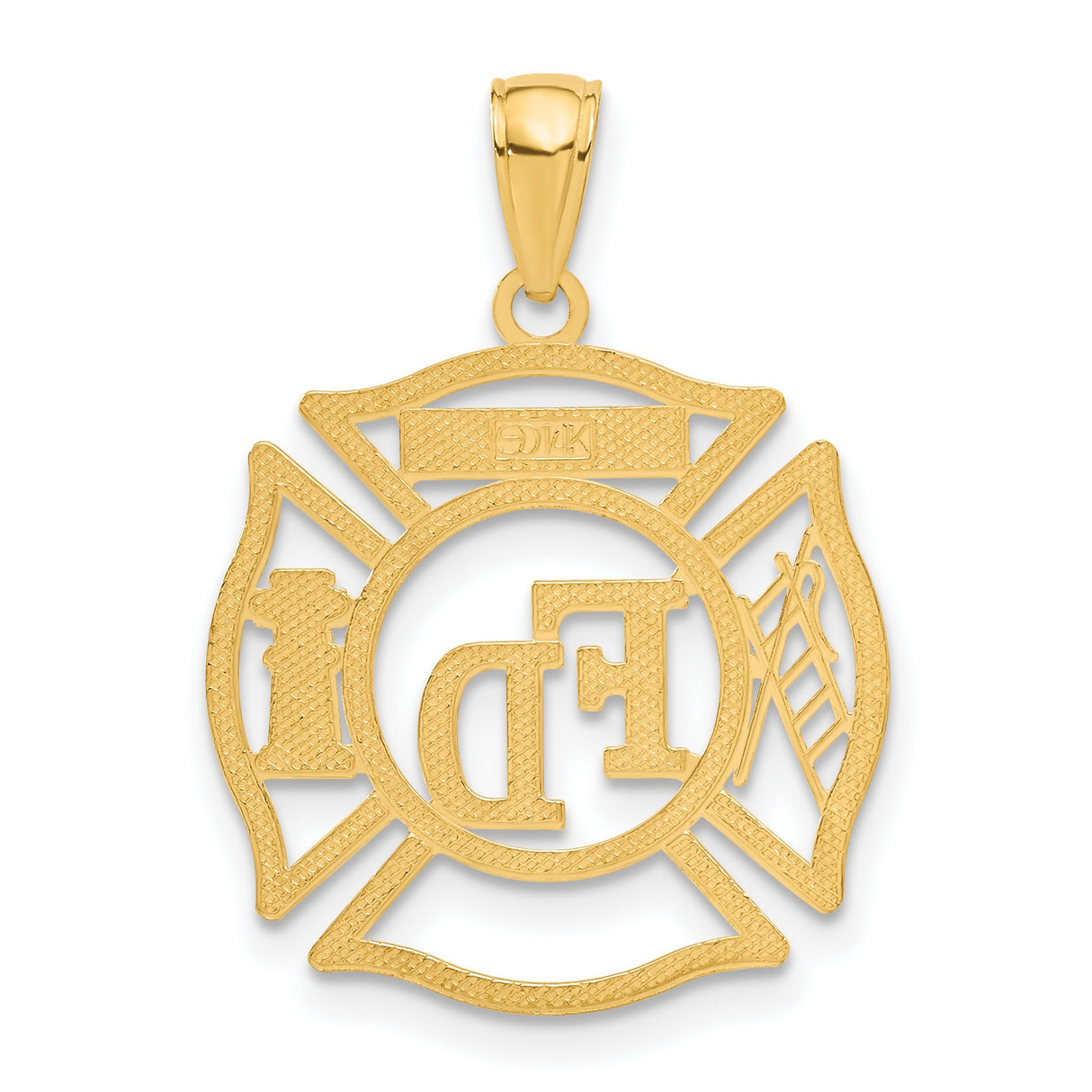 10k Yellow Gold Firefighter Maltese Cross Pendant with FD Shield, Ladder, and Hydrant