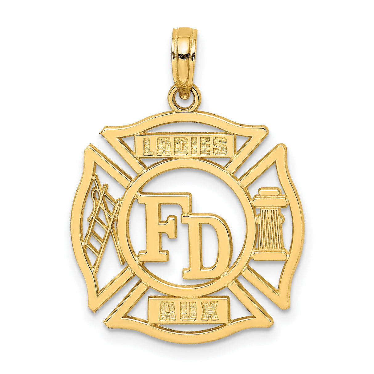 10k Yellow Gold Firefighter Auxiliary Pendant with Maltese Cross and FD Ladies Aux Engraving