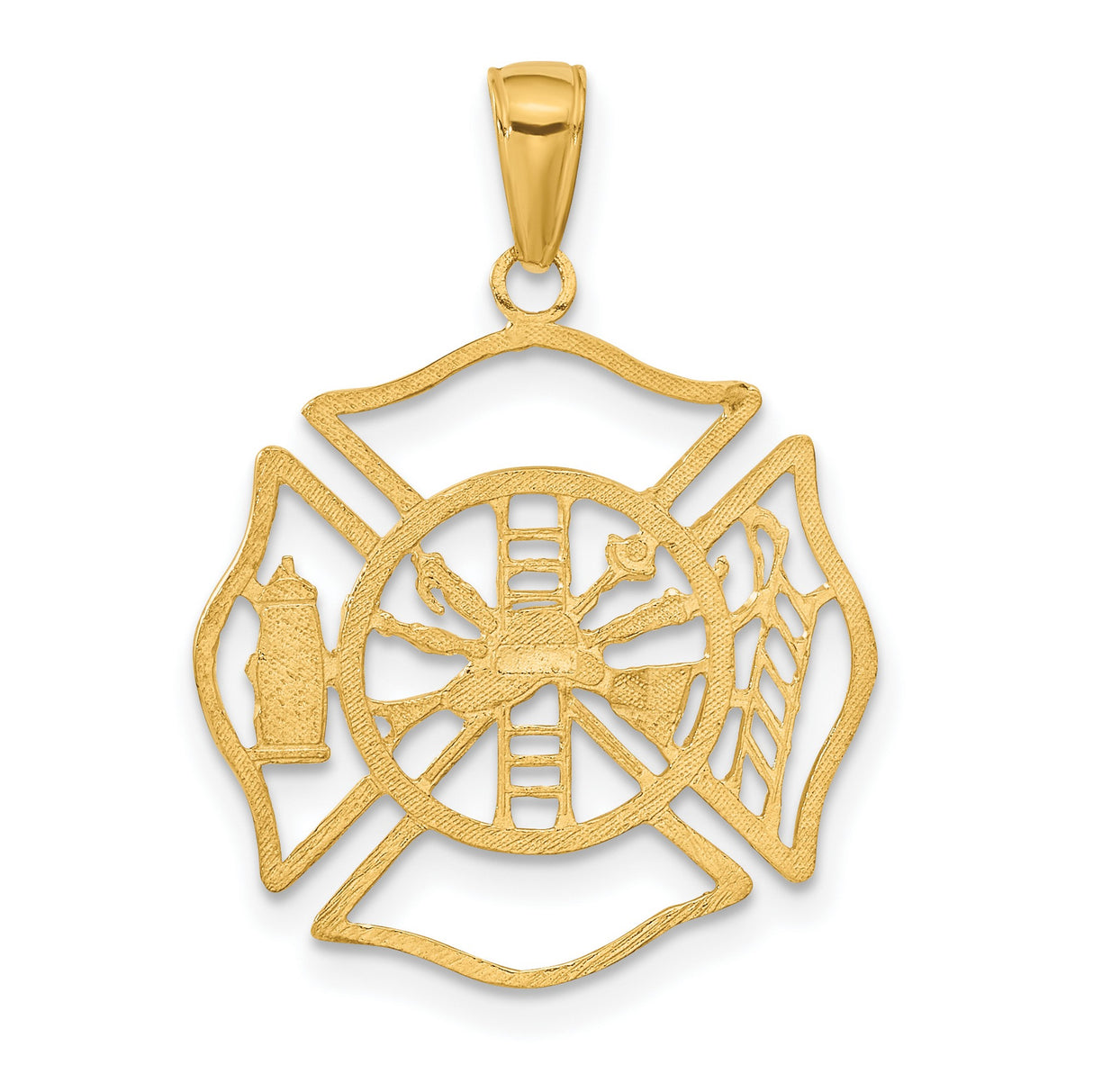 10k Yellow Gold Firefighter Maltese Cross Pendant with Helmet, Ladder, Hydrant, Trumpet Symbols
