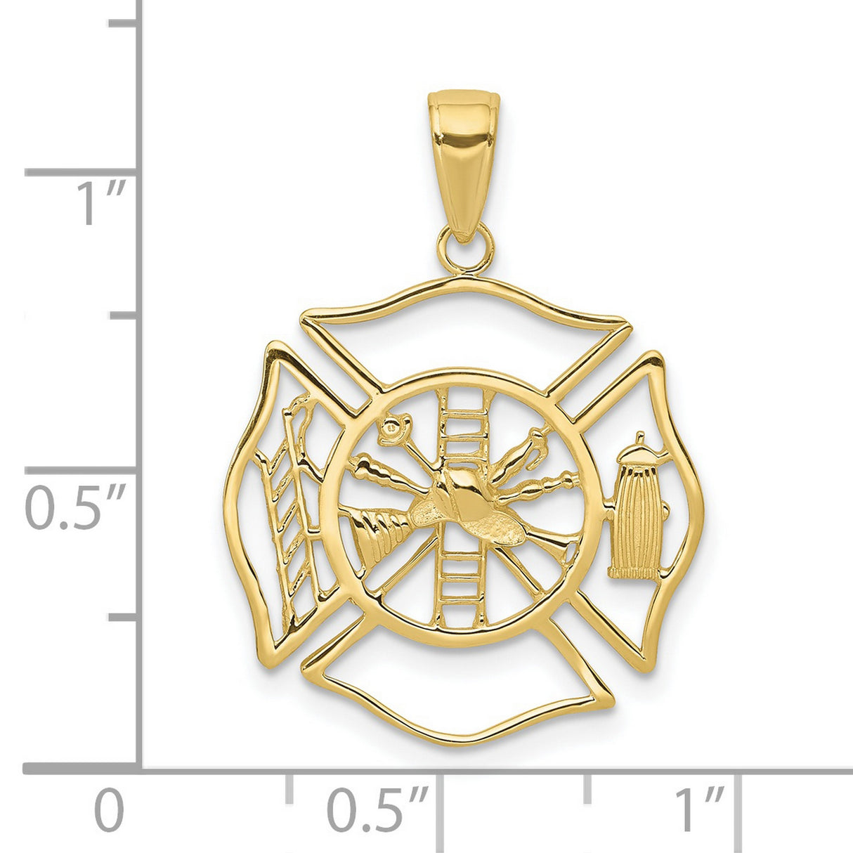 10k Yellow Gold Firefighter Maltese Cross Pendant with Helmet, Ladder, Hydrant, Trumpet Symbols