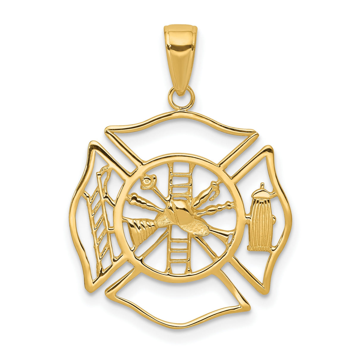10k Yellow Gold Firefighter Maltese Cross Pendant with Helmet, Ladder, Hydrant, Trumpet Symbols