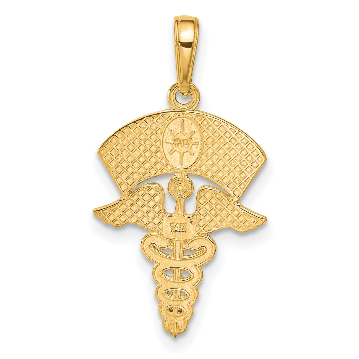 10k Yellow Gold Nurse Pendant with Caduceus Symbol and Nurse Cap Cutout Cross