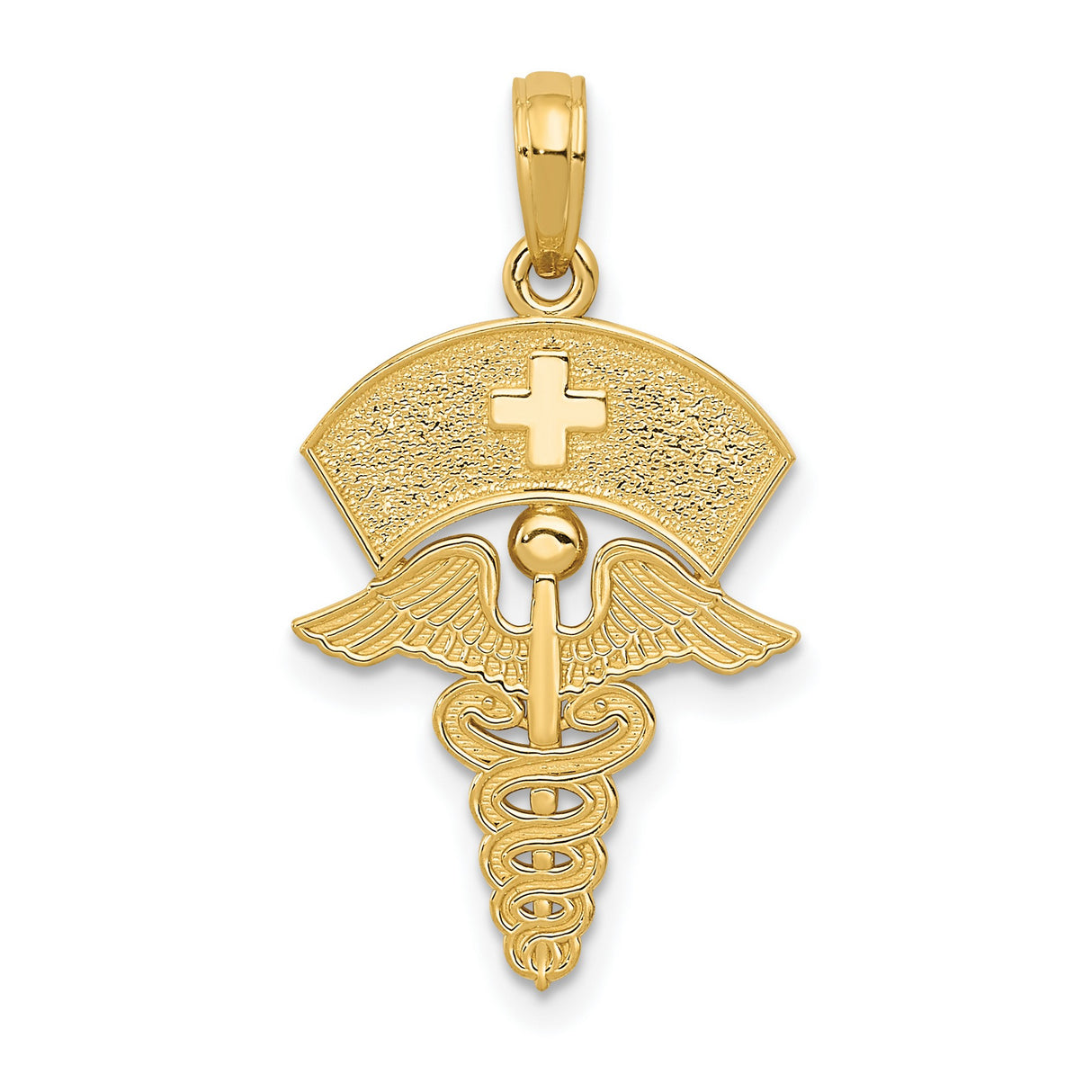 10k Yellow Gold Nurse Pendant with Caduceus Symbol and Nurse Cap Cutout Cross