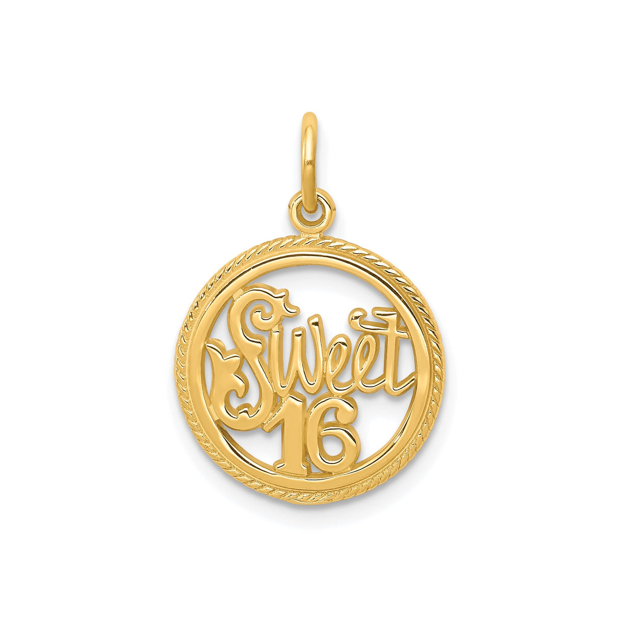10k Yellow Gold Sweet 16 Pendant Charm, Textured Round Frame, Milestone Birthday Jewelry